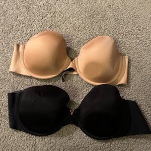 Victoria's Secret Black and Tan Strapless Bra Set.